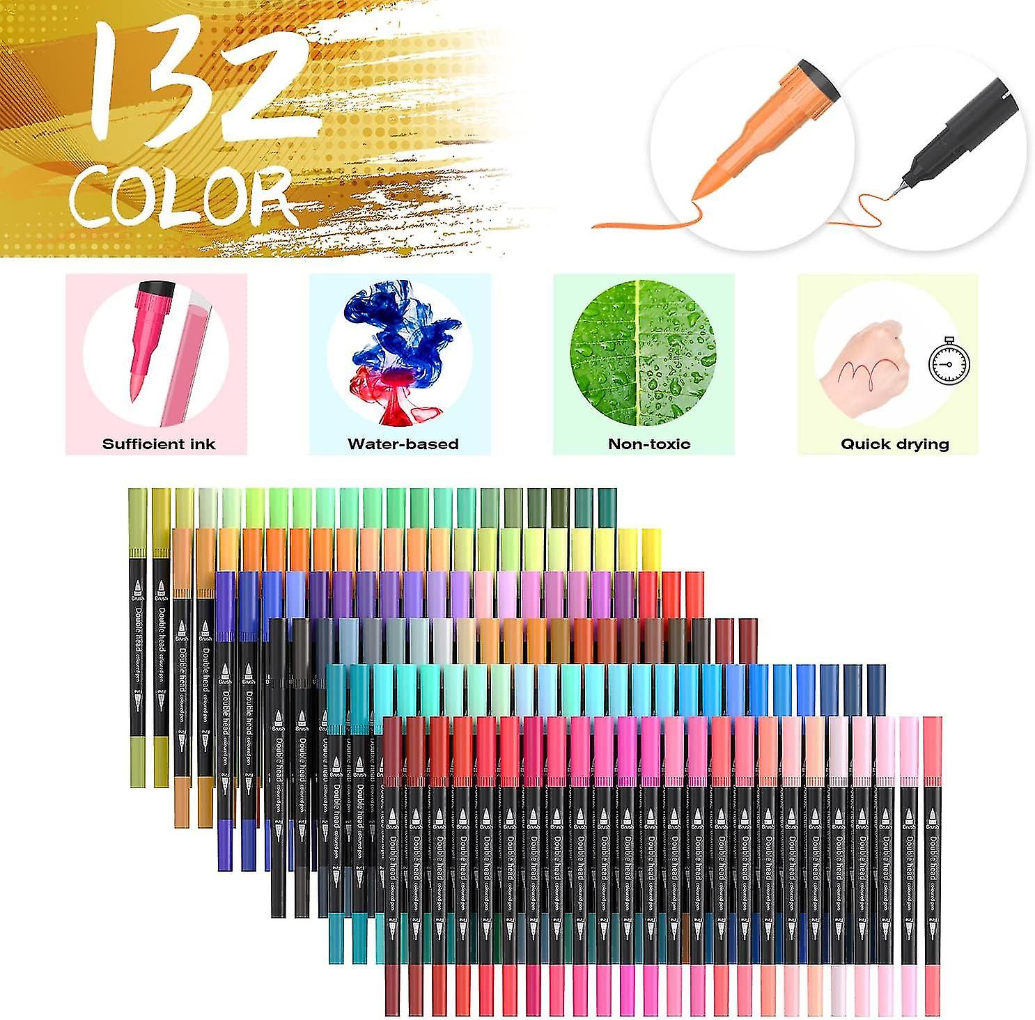 Sonlaryin Colouring Pens 132 Dual Tip Brush Pens With Fineliner and Brush Tip Pens Felt Tip Pens For Adults Kids Coloured Pens With Case For Drawing Col