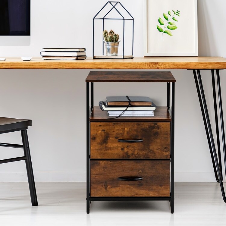 Freestanding Cabinet Dresser with Wooden Top Shelves and 2 Drawers