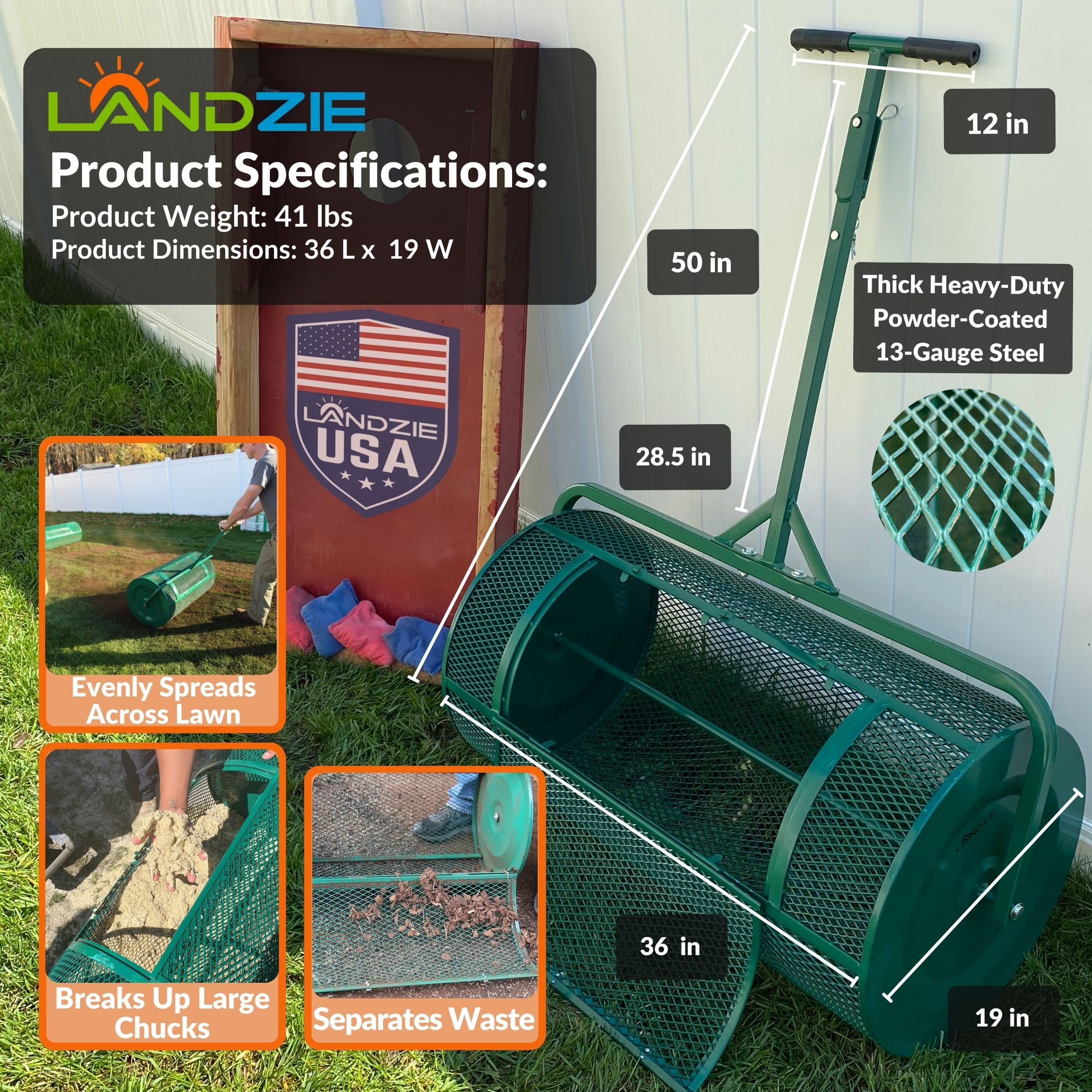 Landzie Lawn & Garden Spreaders - 36 Inch Heavy Duty Metal Mesh Basket Push/Tow Spreader - Compost, Peat Moss, Top Soil, Mulch - Durable Lightweight Multi-Purpose Yard Care Equipment - Manure Spreader