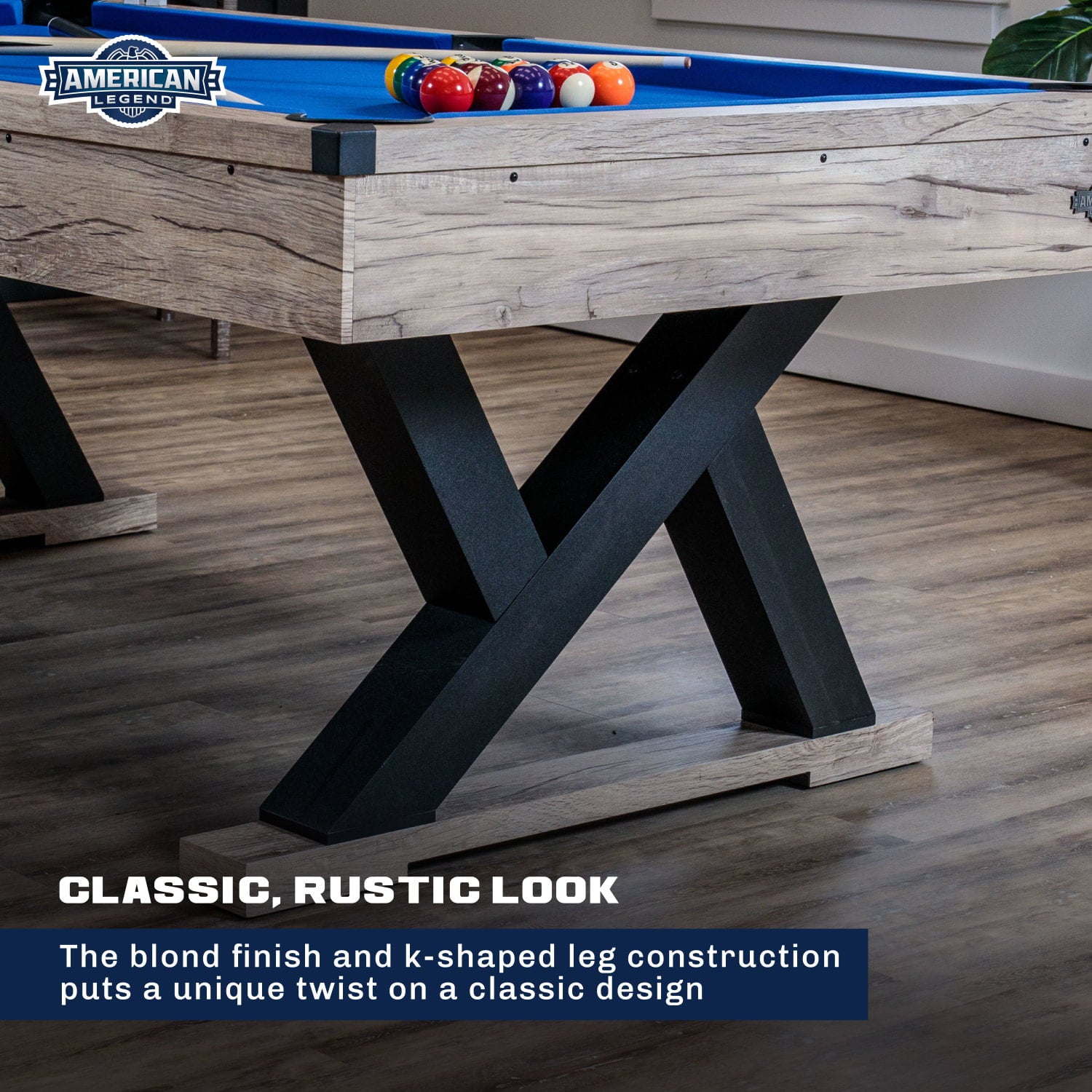 American Legend Kirkwood 84" Billiard Table with Rustic Blond Finish, K-Shaped Legs and Royal Blue Cloth