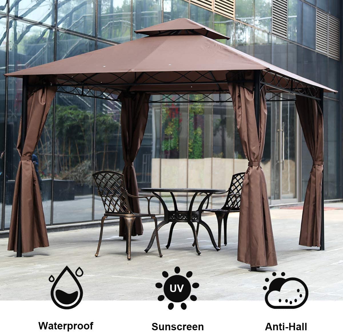 Dkelincs 10’x10’ Gazebo Canopy Tent- Heavy Duty Outdoor Patio Gazebo with Frame & Windshield, Brown