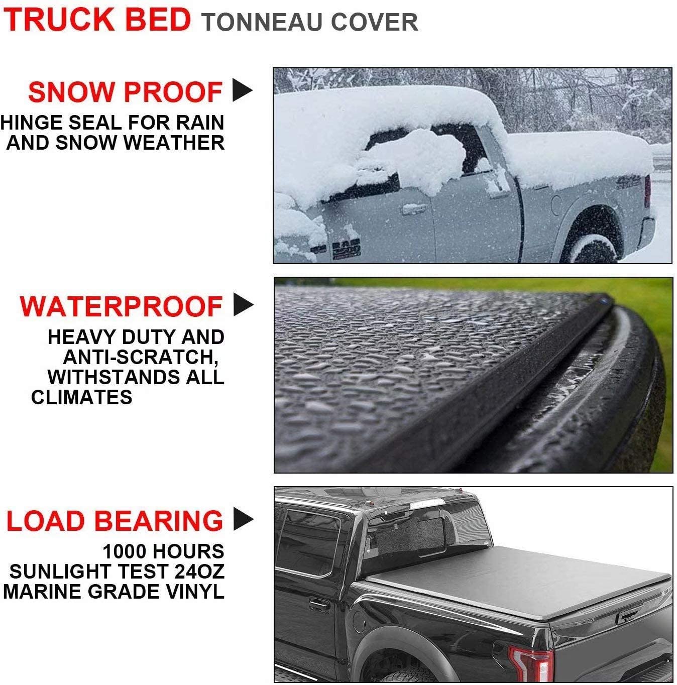 Kikito Professional Soft Tri-Fold Truck Bed Tonneau Cover for 2016-2021 Tacoma 5ft (59.8-60.5in) Bed for Models with or Without The Deckrail System