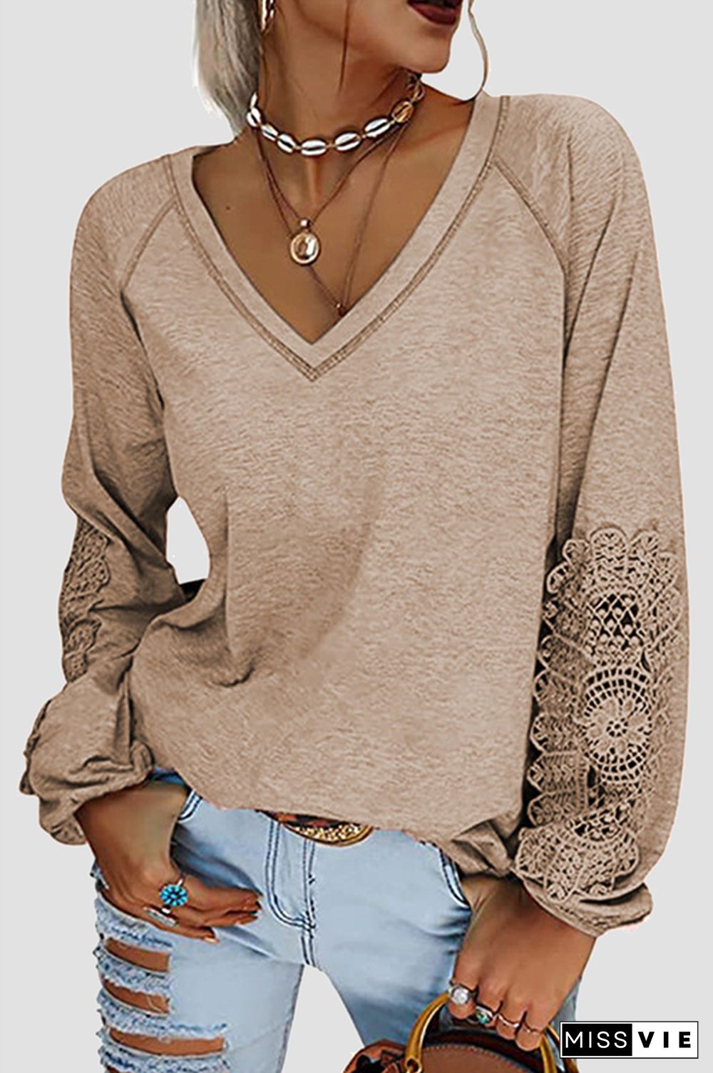 Casual Solid Lace Split Joint V Neck T-Shirts