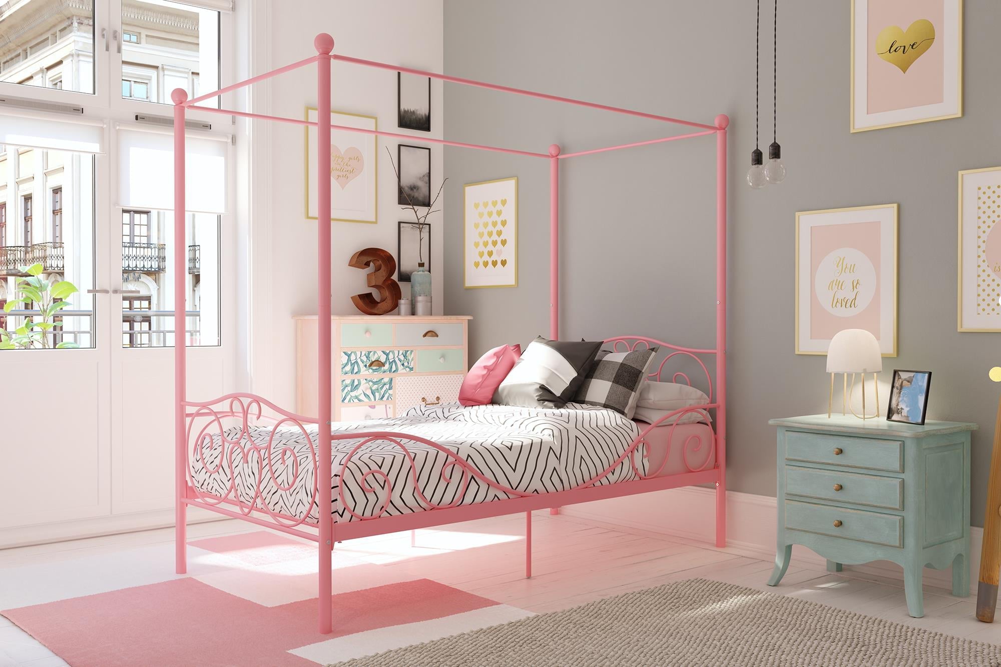 Elm & Oak Metal Canopy Kids Poster Bed, Twin, Pink