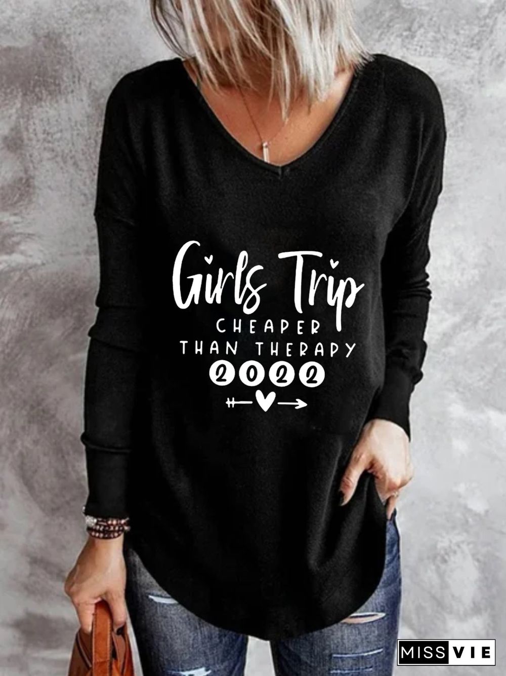 Casual Long Sleeve V Neck Printed Tunic Tops T-shirts