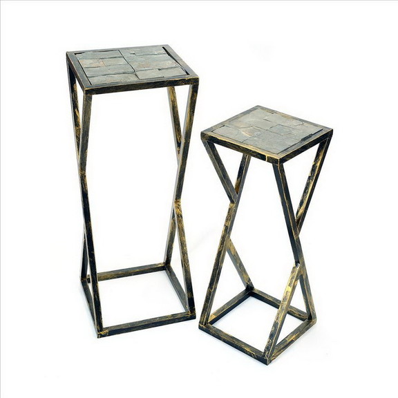 Benjara BM233953 Stone Top Plant Stand with Geomet...