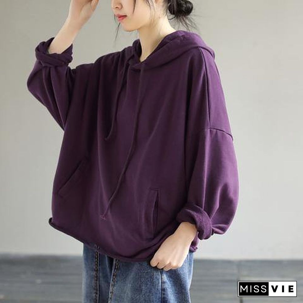 Women Hooded Hole Spring Top Silhouette Photography Purple Blouses