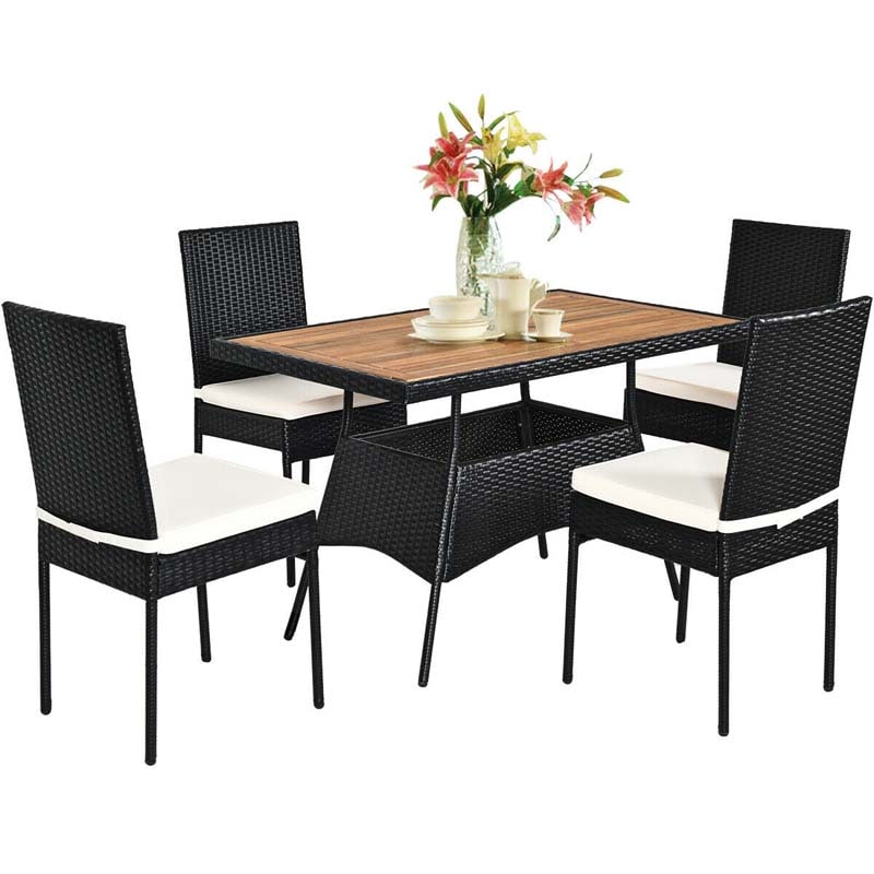 5 Pcs Rattan Outdoor Patio Dining Set with Acacia Wood Tabletop & 4 Cushioned Chairs