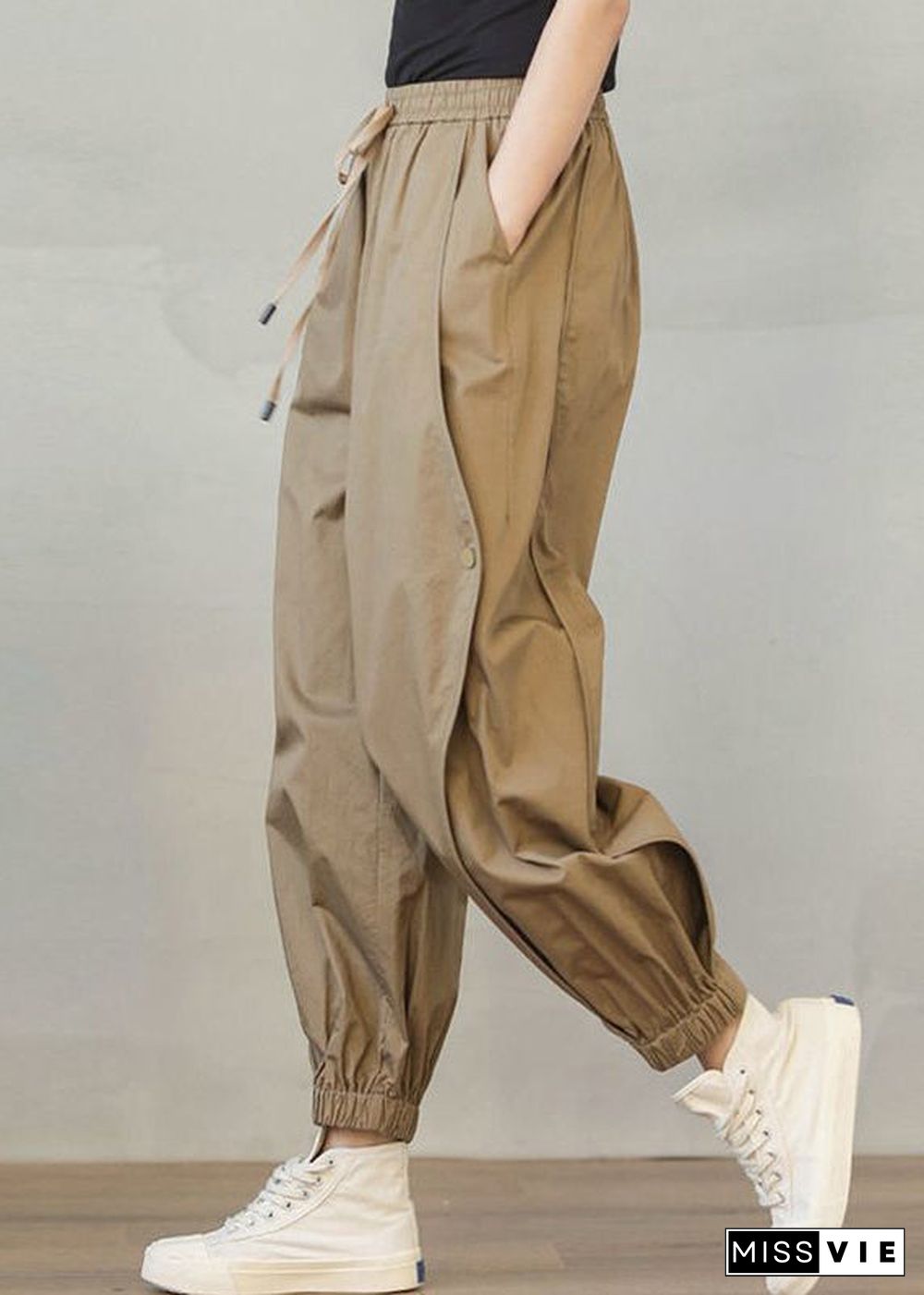 Stylish Khaki Oversized Patchwork Cotton Harem Pants Spring