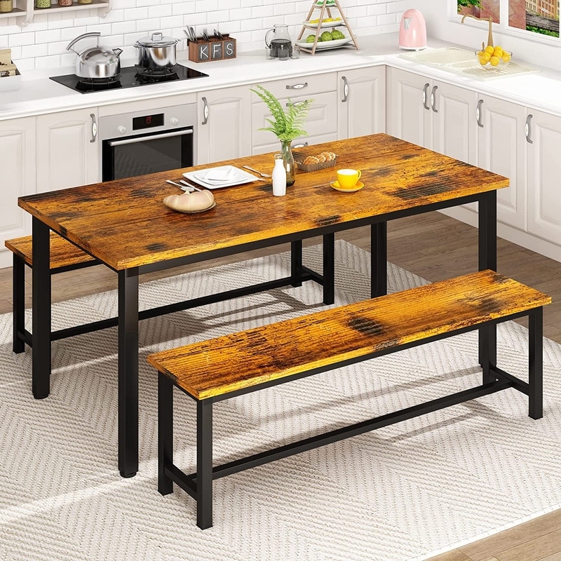 Industrial 3 Piece Dining Table Set  Retro Wood Kitchen Table Set with 2 Benches for Home Kitchen  Dining Room  Restaurant