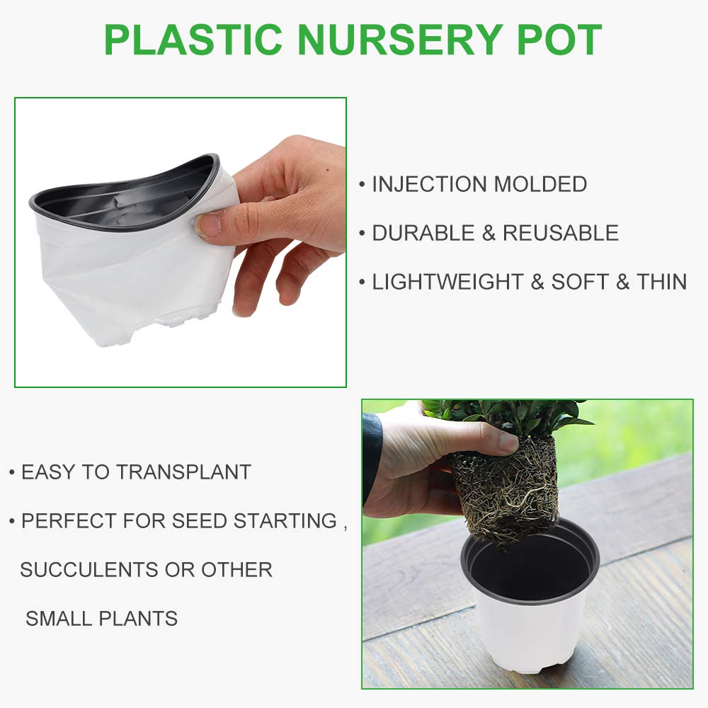 GROWNEER 120 Packs 4 Inches Plastic Plant Nursery Pots with 15 Pcs Plant Labels, Seed Starting Pot Flower Plant Container for Succulents, Seedlings, Cuttings, Transplanting, White