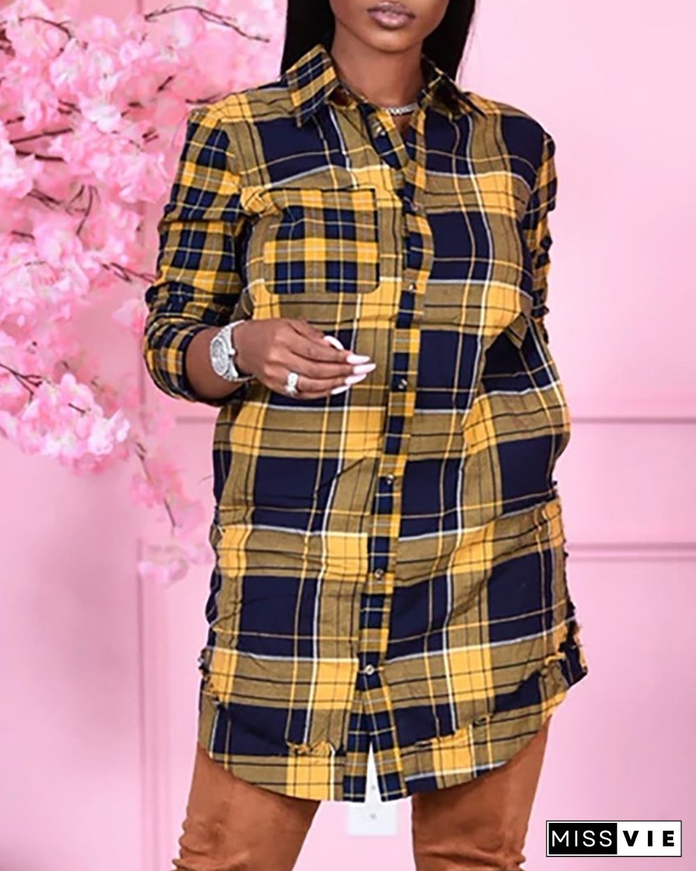 Button Pocket Design Plaid Print Shirt Dress