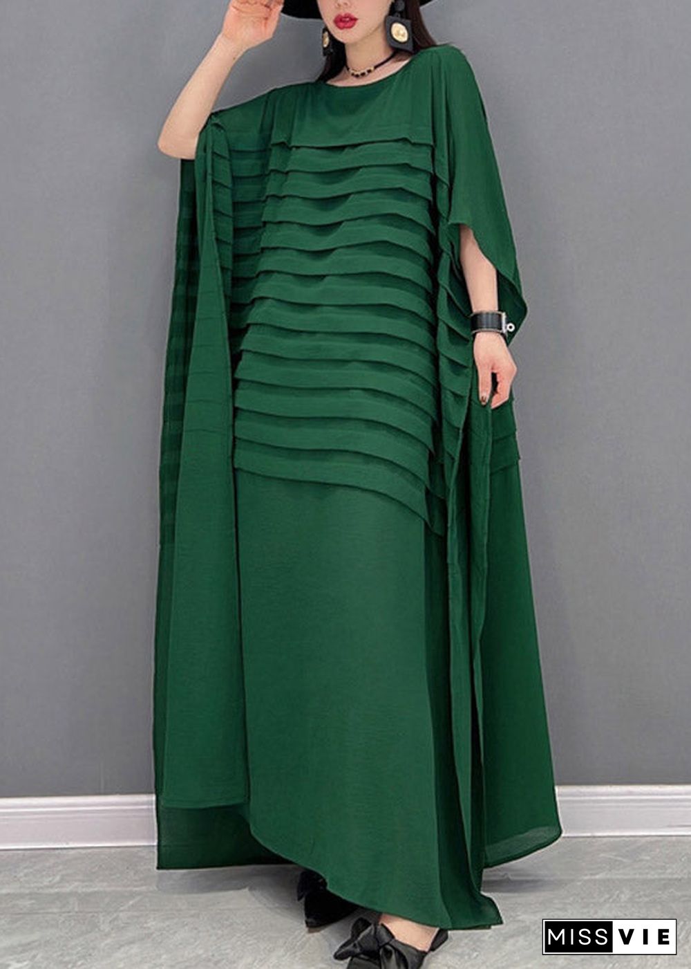 Bohemian Blue O-Neck Striped Chiffon Ankle Dress Batwing Sleeve