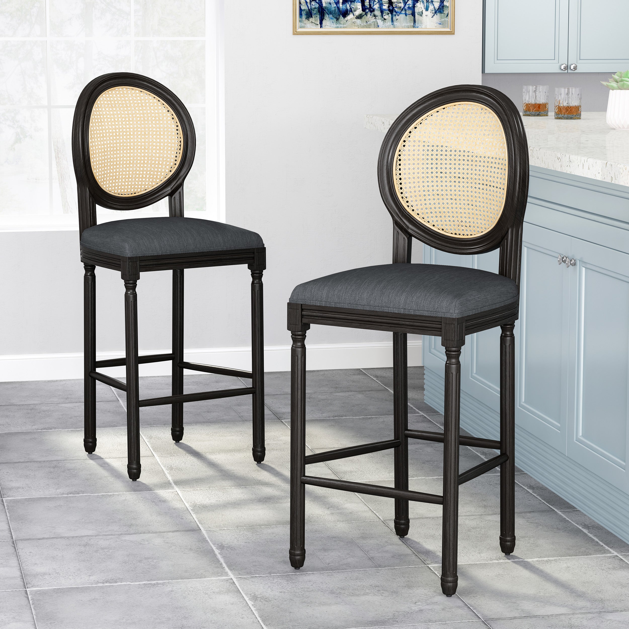 Towner French Country Wooden Barstools with Upholstered Seating (Set of 2)