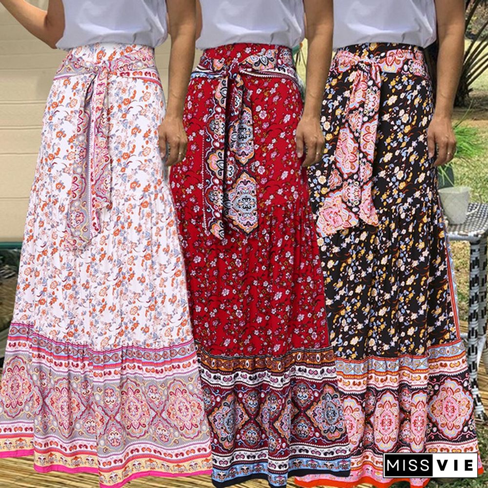 Women Floral Print Long Skirt Bohemian Dress Elastic High Waist Pleated Casual Umbrella Maxi Skirts Plus Size