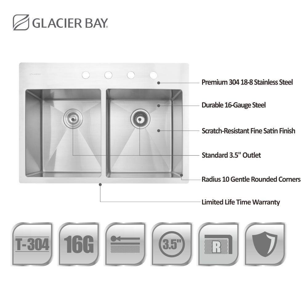 Glacier Bay Professional 33 in. Tight Radius 16 Gauge Drop-in 5050 Double Bowl Stainless Steel Kitchen Sink with Accessories 4167F