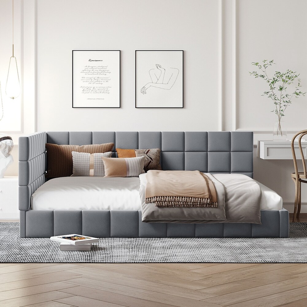 Full Size Upholstered Daybed with Backrest and 1 Unique Armrests  Mid Century Modern Sofa Bed Frame with Wood Slat Support