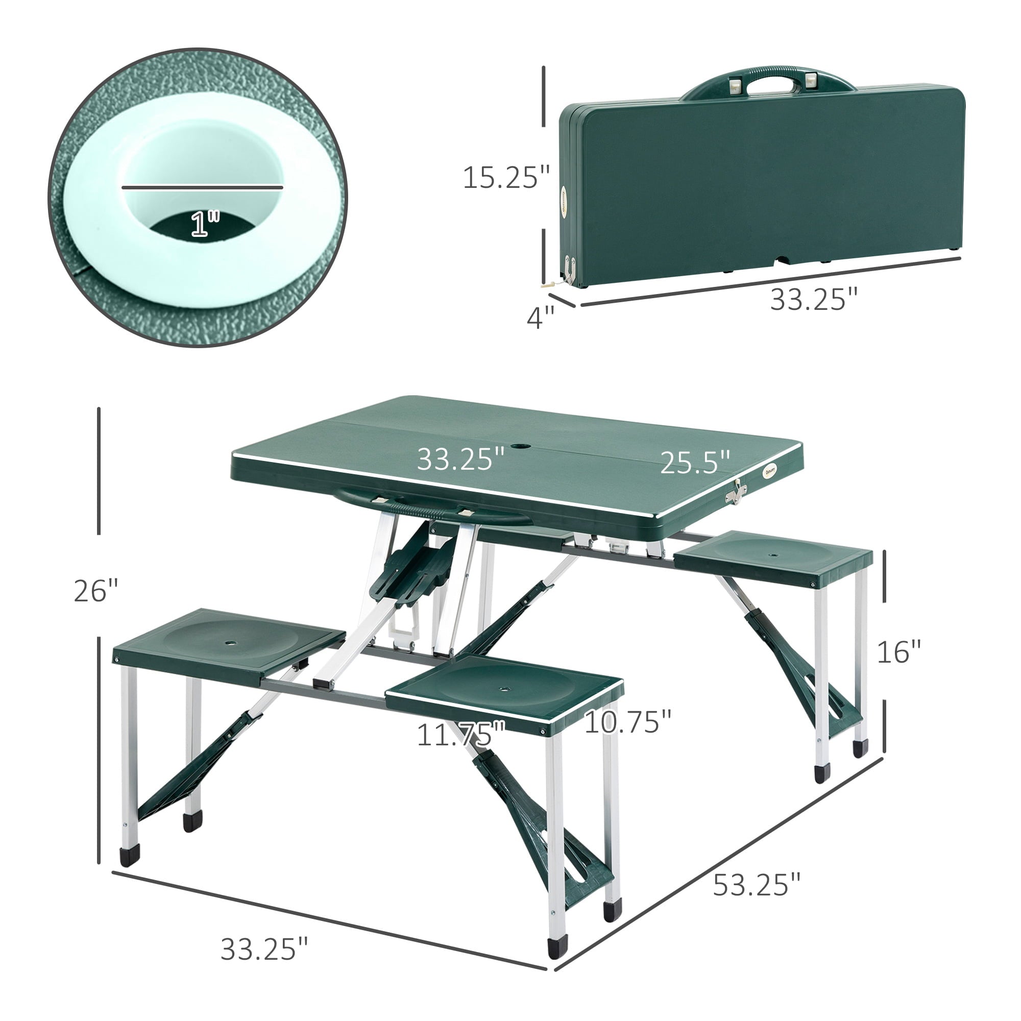 Outsunny 4 Person Plastic Portable Compact Folding Suitcase Picnic Table Set with Umbrella Hole - Green