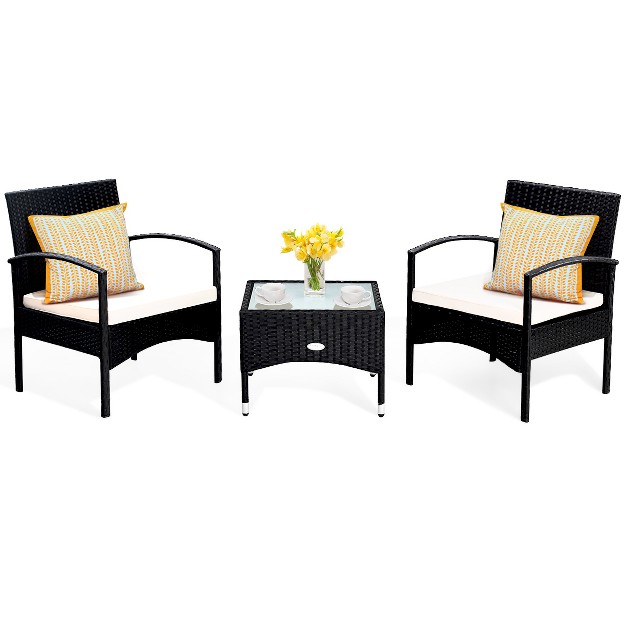 Costway 3 Pcs Furniture Set Table amp 2 Chair Patio Wicker Rattan W cushion