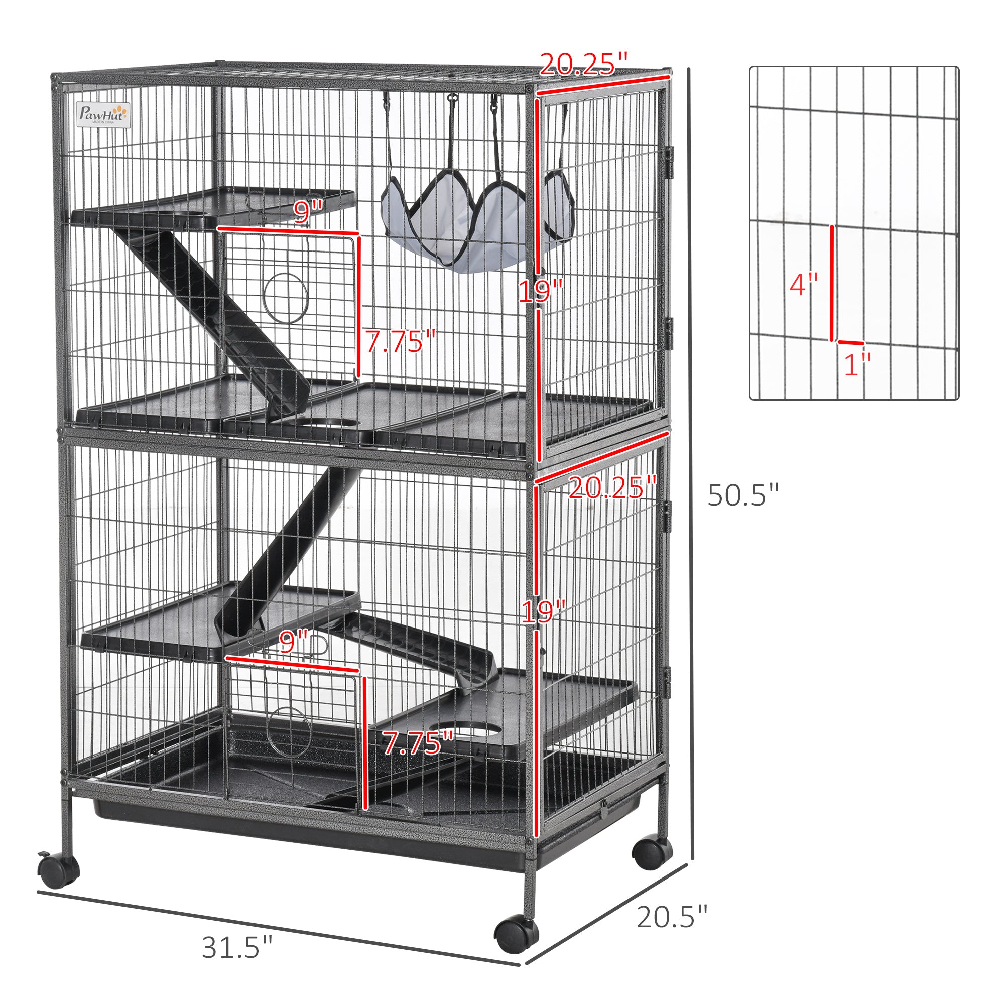 Pawhut 50” 4 Tier Steel Plastic Small Animal Pet Cage Kit with Wheels， Silver Gray Hammertone