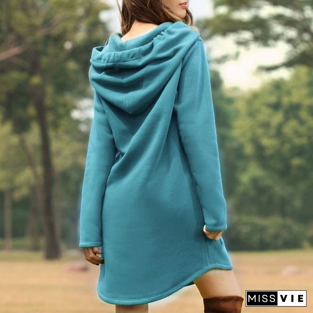 6 Colors S-3Xl Women Plus Size Solid Color Long Sleeve Loose Pocket Drawstring Hoodies Dress