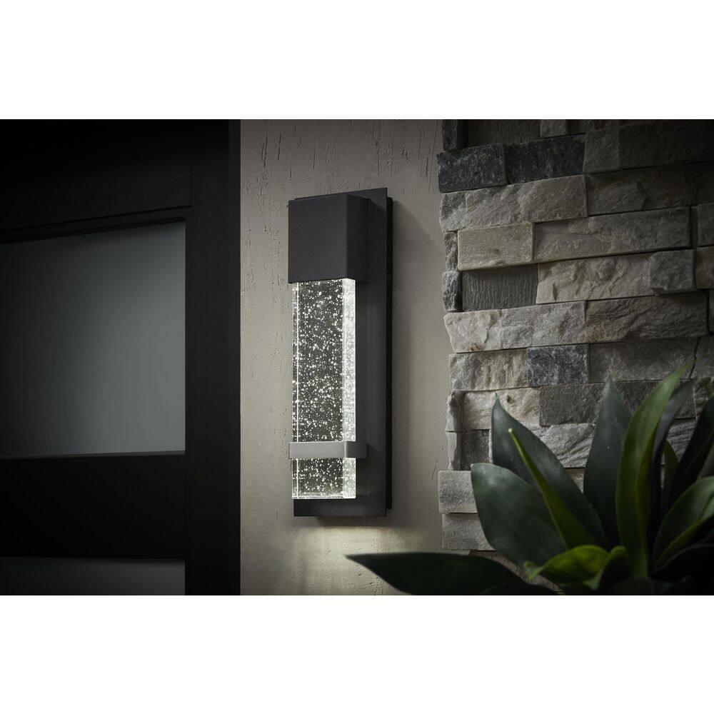 Hampton Bay Caroline Modern 1-Light Black LED Outdoor Wall Lantern Sconce with Silver Strap and Seeded Glass (1-Pack) HDP98270BLSS