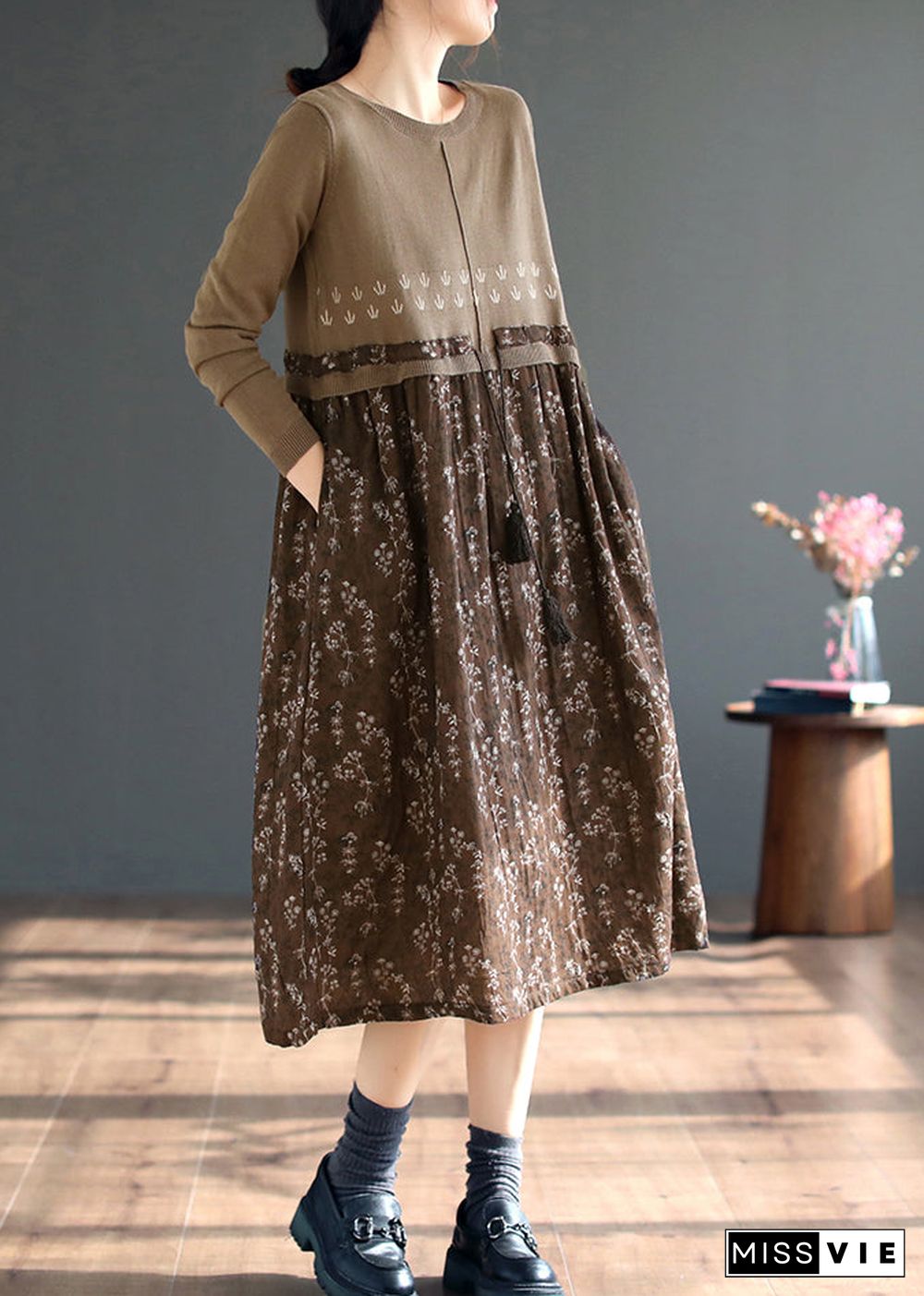 Beautiful Coffee O Neck Print Patchwork Knitting Dress Fall