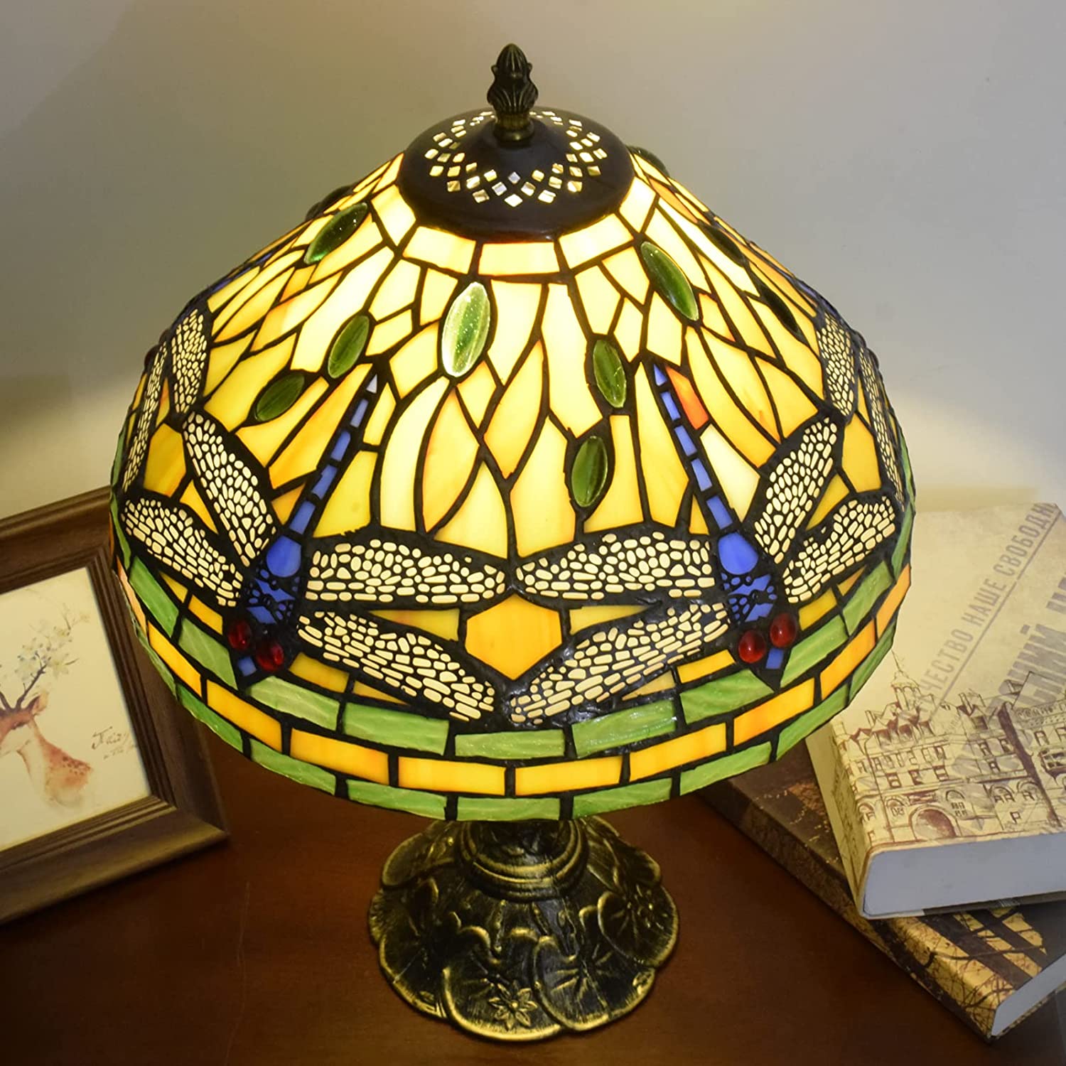 SHADY Tiffany Lamp Stained Glass Lamp Dragonfly Yellow Bedroom Table Lamp Reading Desk Light for Bedside Living Room Office Dormitory Dining Room Decorate  12x12x18 Include Light Bulb