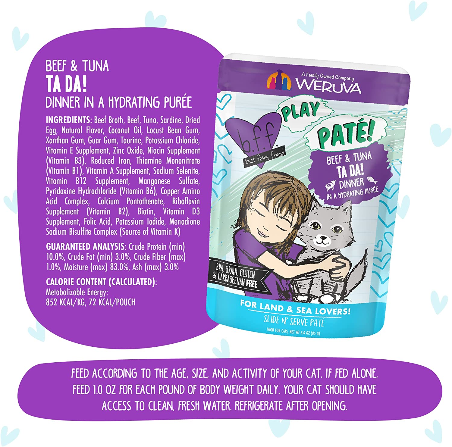 Weruva Wet Cat Food B.F.F. Play - Best Feline Friend Paté Lovers， Aw Yeah!， Beef and Tuna Ta Da! with Beef and Tuna， 3oz Pouch (Pack of 12)