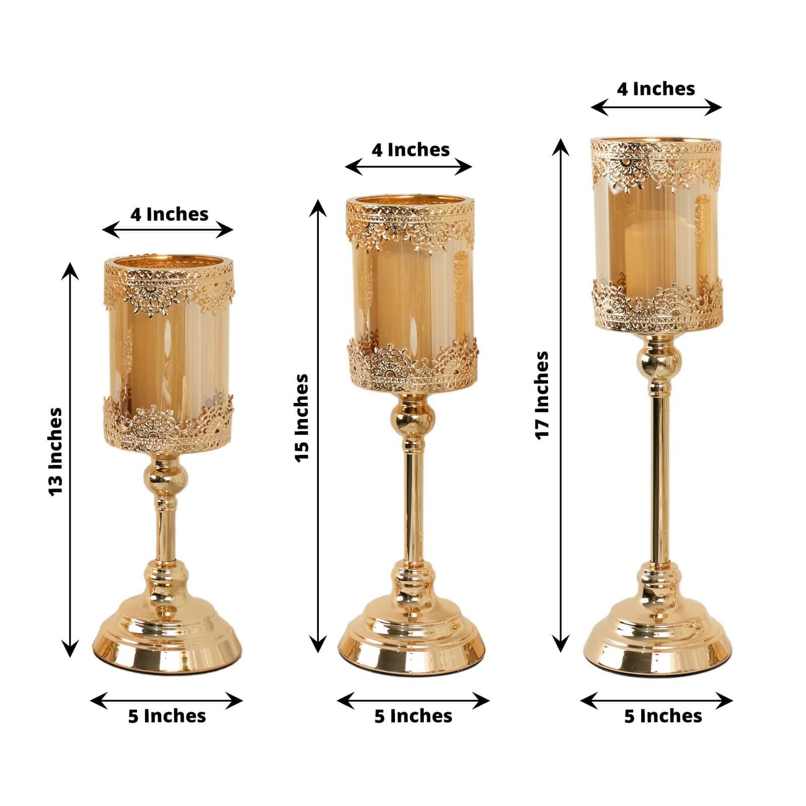 Set of 3 Antique Gold Lace Design Votive Candle Stands, Hurricane Glass Pillar Candle Holders 13