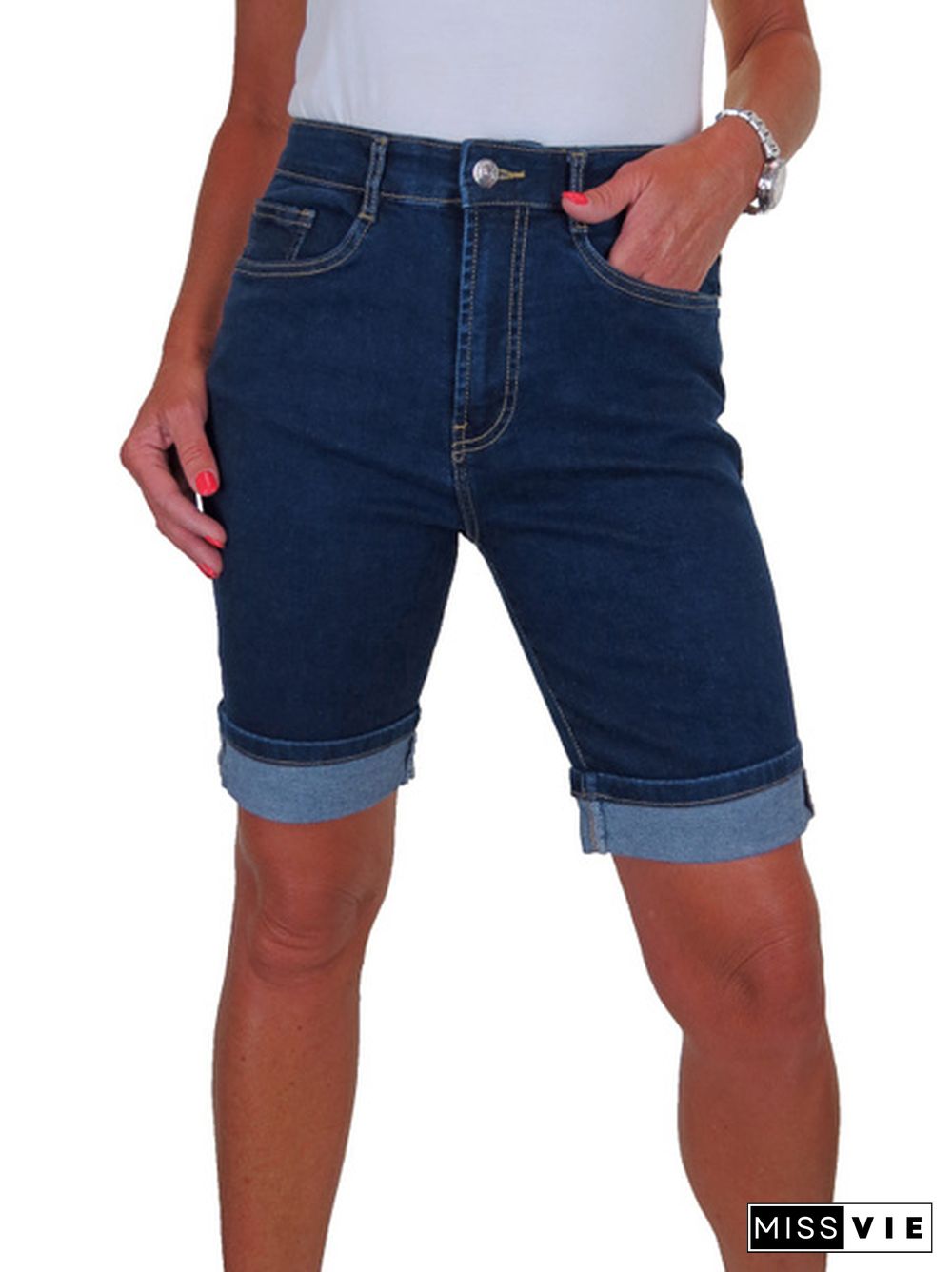 Womens High Waist Denim Jeans Shorts Contrast Turn Up Cuff Ladies Stretch Bermuda Summer Shorts