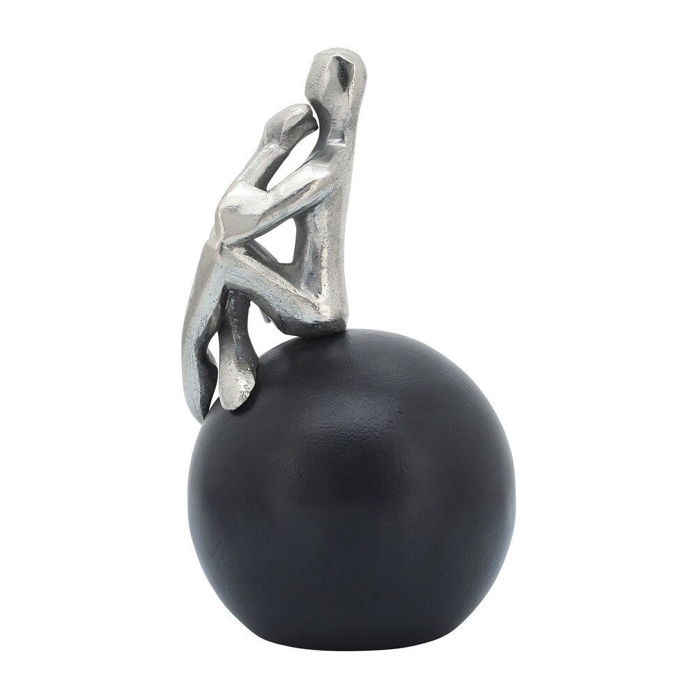 Handmade Silver Metal Thinking Man On Black Orb Sculpture