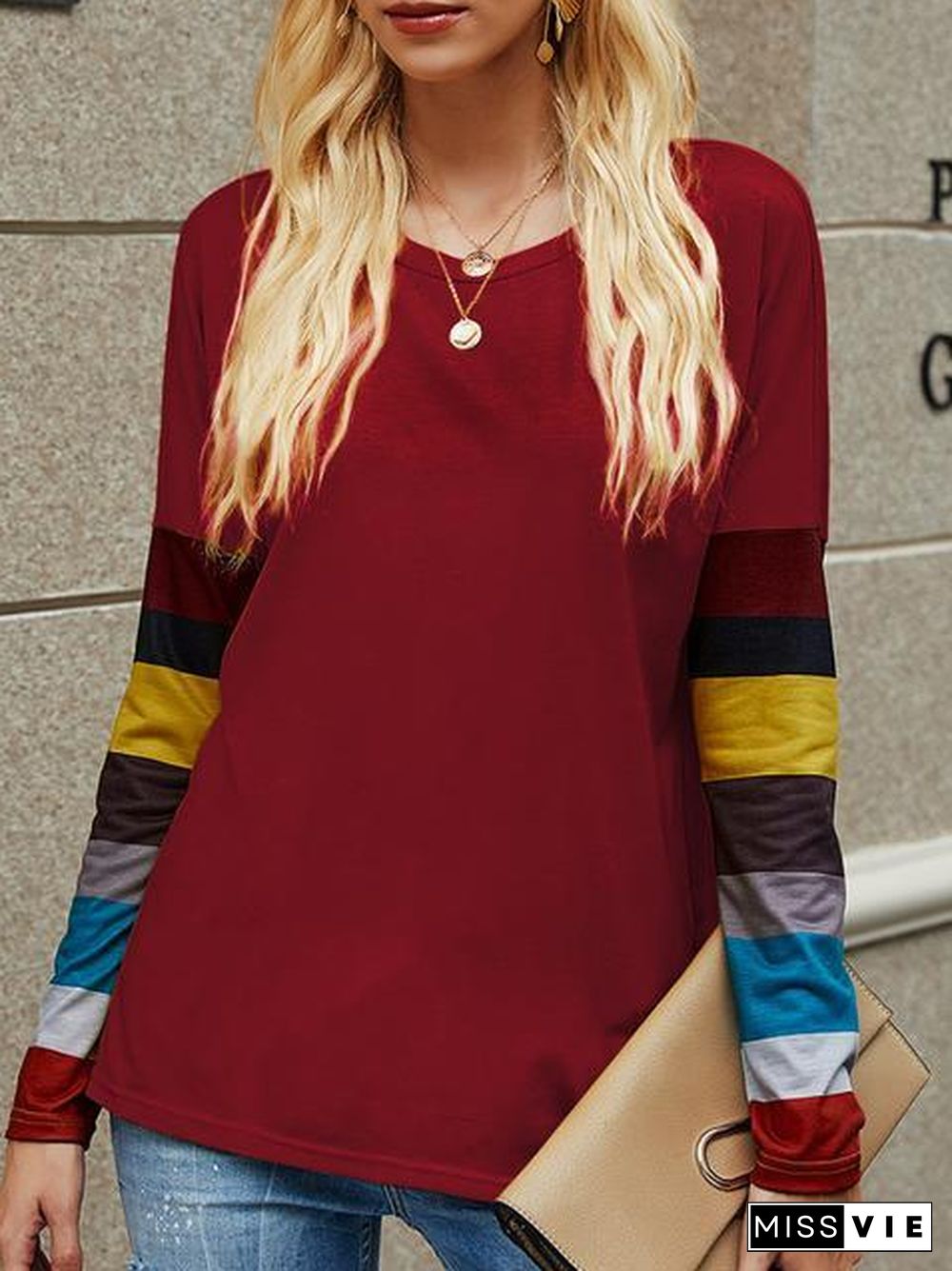 Casual Round Neck Striped Long Sleeve T-Shirt