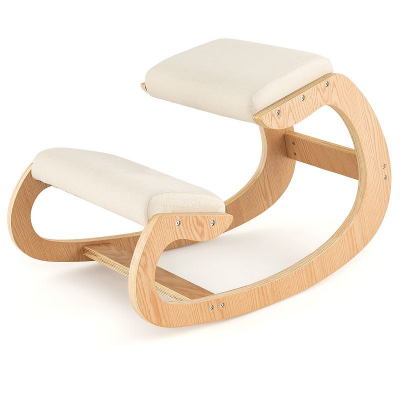 Wooden Rocking Chair With Comfortable Padded Seat Cushion And Knee Support