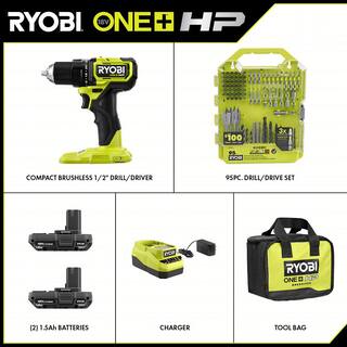 RYOBI ONE+ HP 18V Brushless Cordless Compact 12 in. DrillDriver Kit with (2) 1.5 Ah Batteries Charger Bag  95PC Bit Set PSBDD01K-A989504