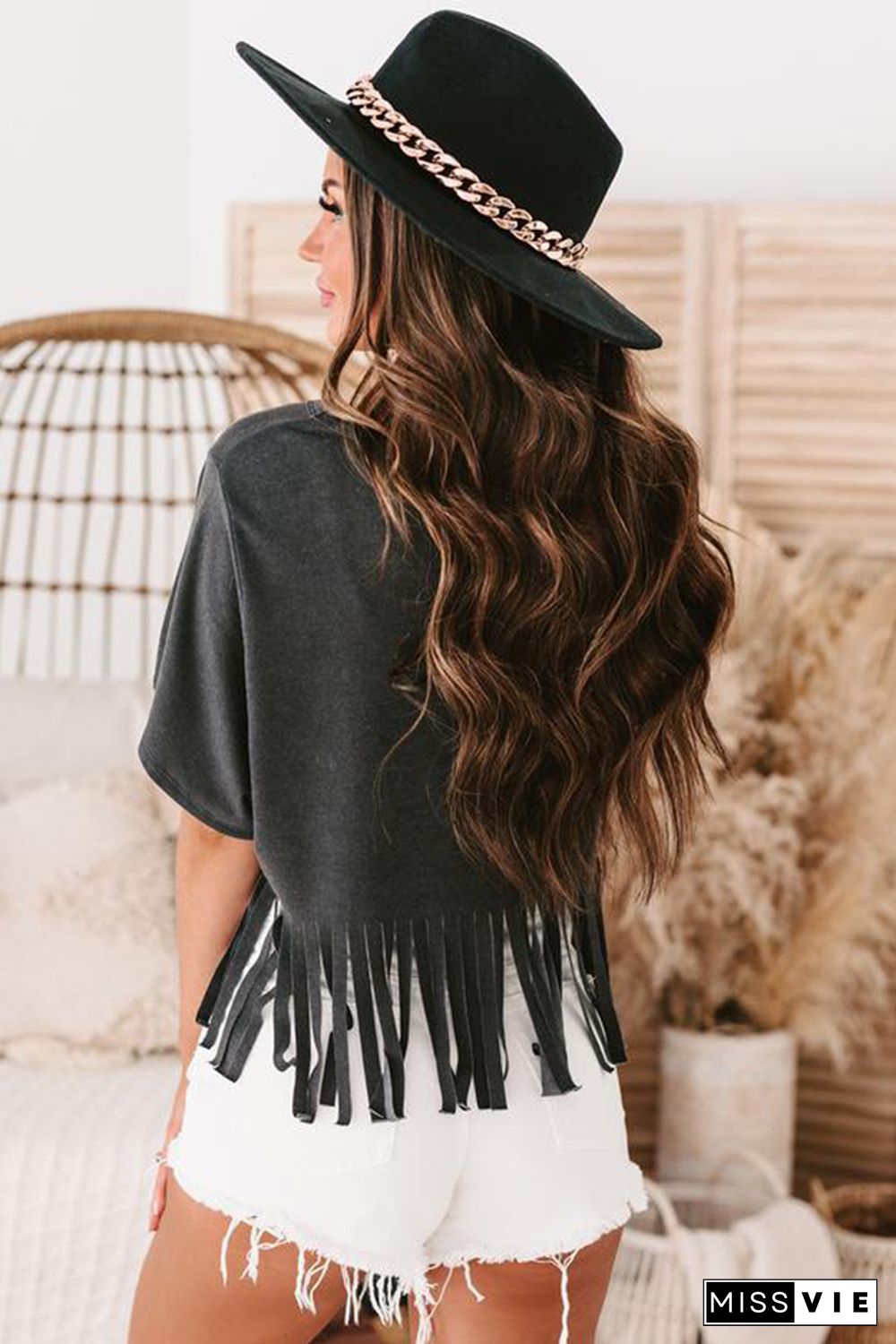 Black Fringe Hem V Neck T Shirt