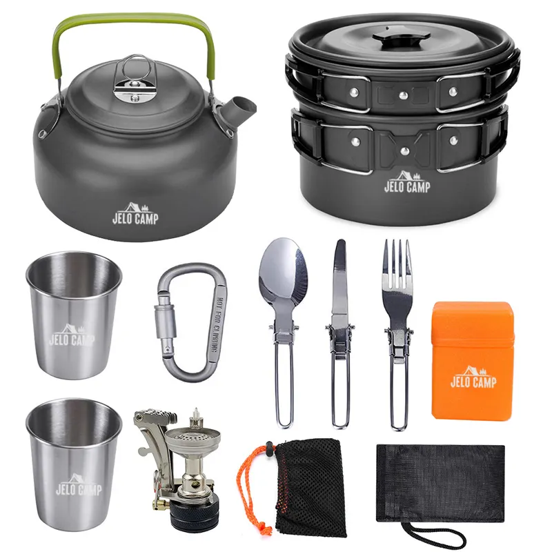 Popular 2 3 Person camp kitchen cooking utensil set travel Other outdoor Backpacking accessories camping flying pans set