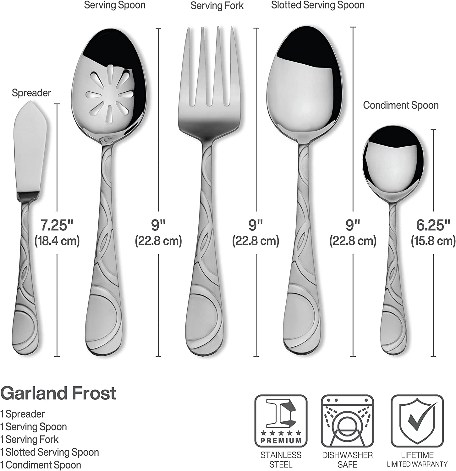 Pfaltzgraff Garland Frost 53-Piece Stainless Steel Flatware Serving Utensil Set and Steak Knives， Service for 8