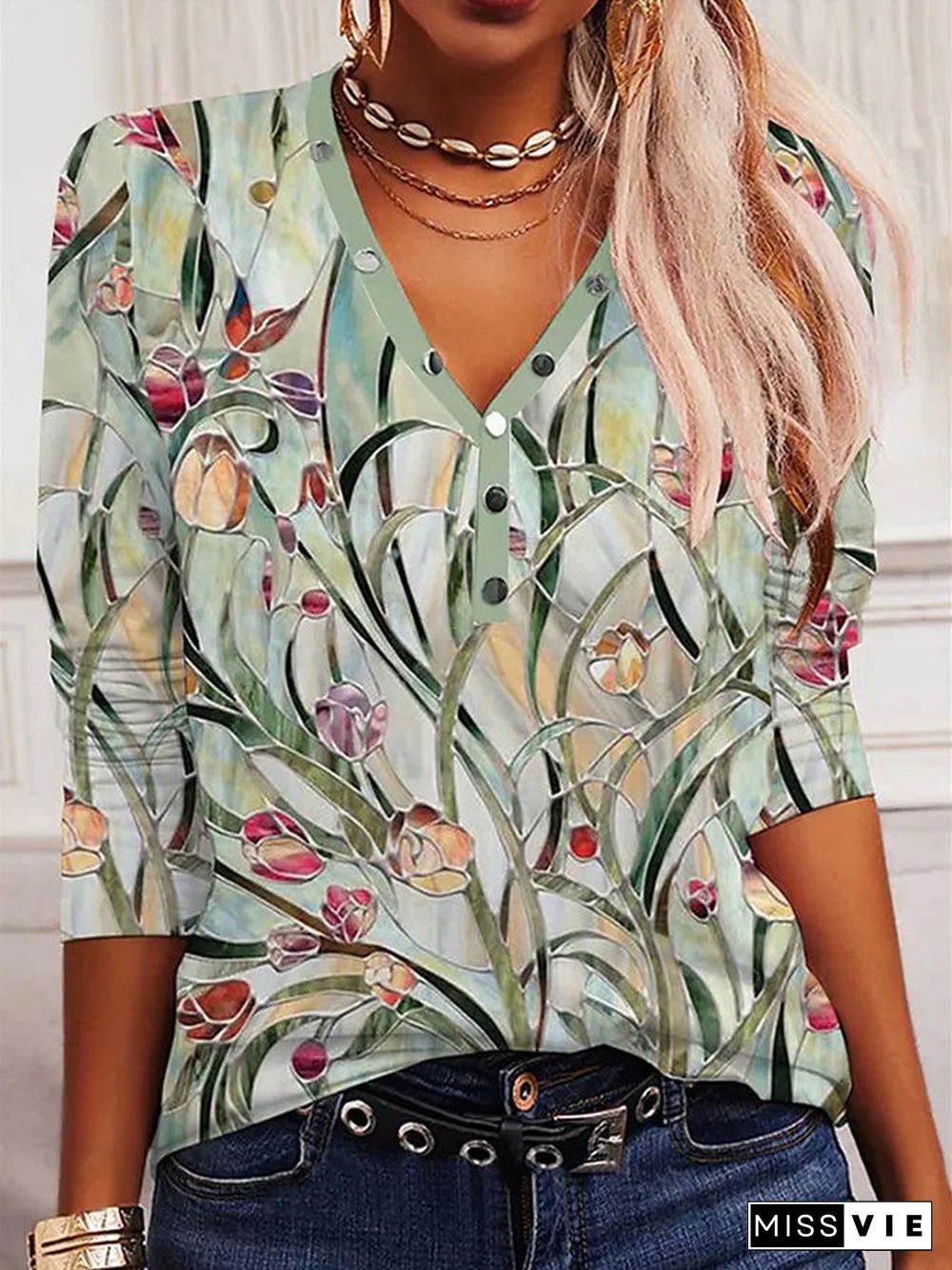 Women's V Neck Long Sleeve Floral Printed Top T-Shirt