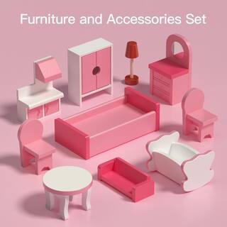 Huluwat Pink Classic Wooden Dollhouse for Toddlers with of Furniture(10-Pieces) DJ-TC-EL-WG154