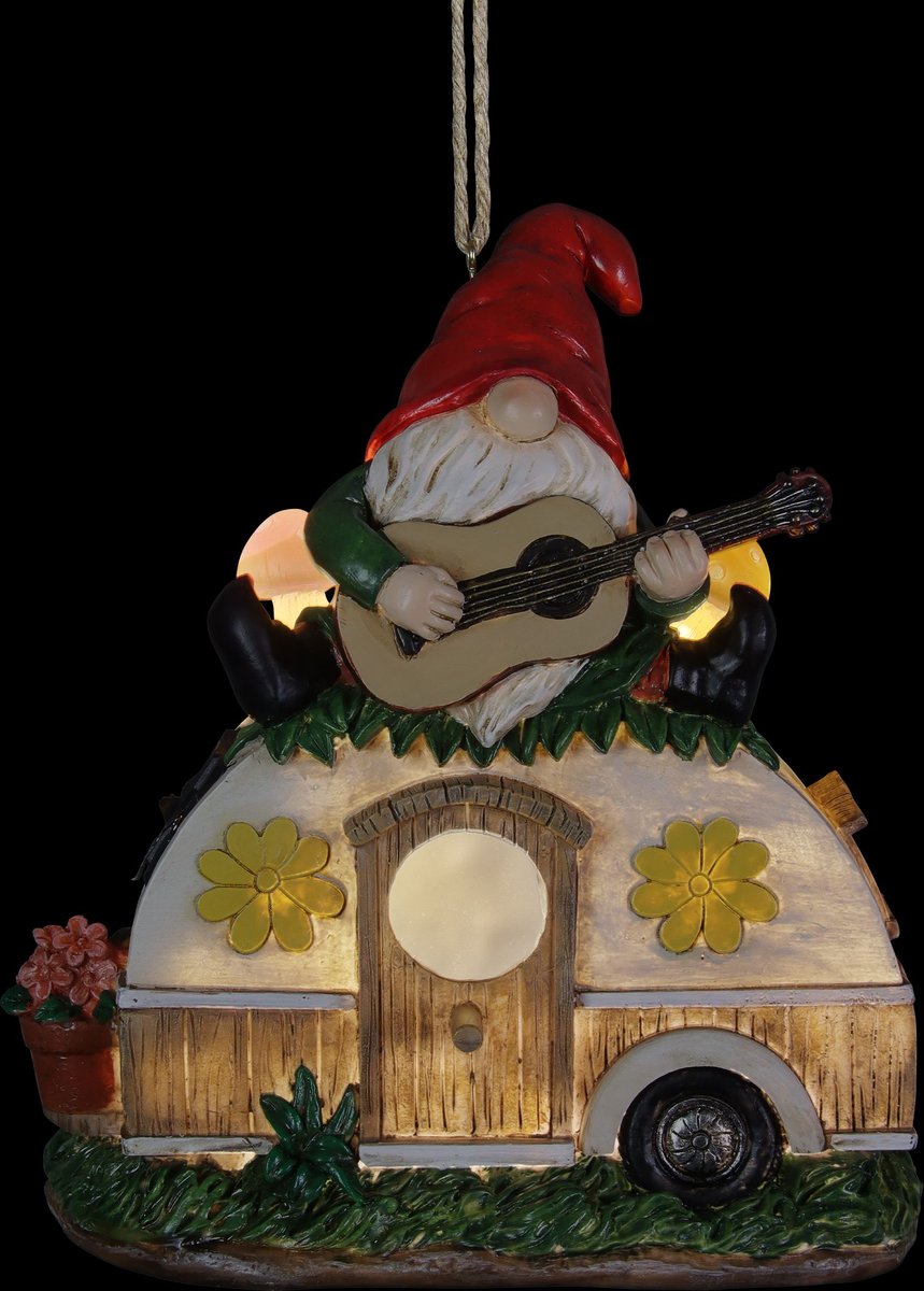 Exhart Solar Guitar Gnome on a Camper Hanging Bird House