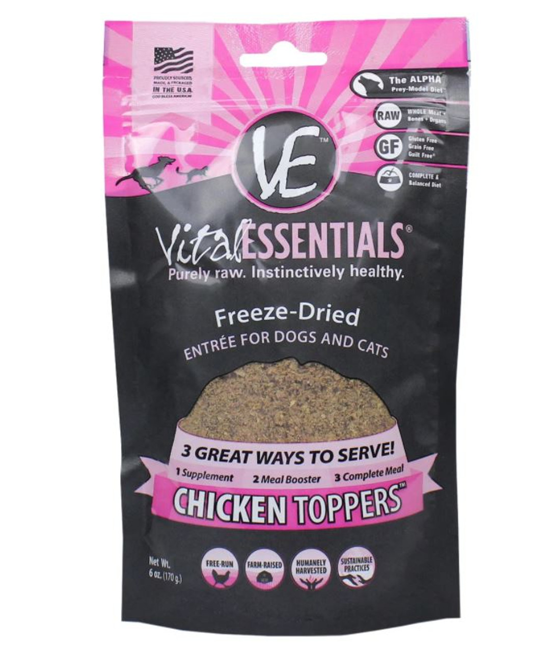 Vital Essentials Freeze-Dried Grain Free Chicken Meal Boost Topper For Cats， 6 Oz. Bag