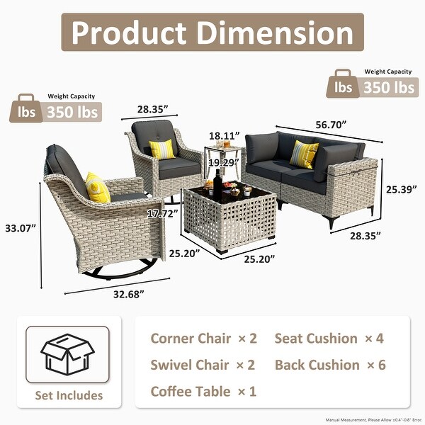 OVIOS 6 Pieces Outdoor Wicker Swivel Chair Set With SolarPowered Coffee Table