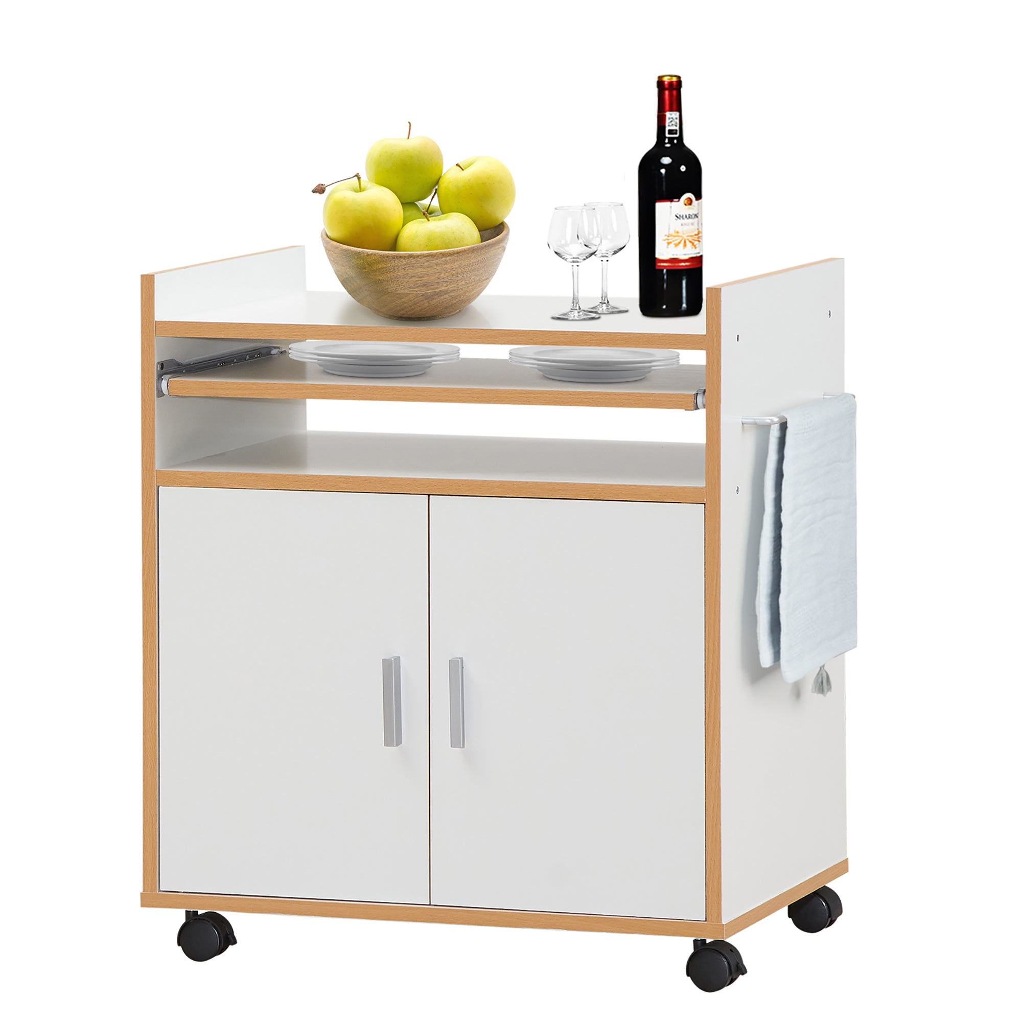 Costway Rolling Kitchen Trolley Microwave Cart Storage Cabinet W/ Removable Shelf White