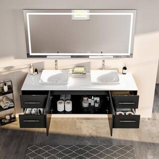 Eviva Totti Wave 60 in. W x 16 in. D x 22 in. H Double Bathroom Vanity in Espresso with White Glassos Top with White Sinks EVVN147-60ES