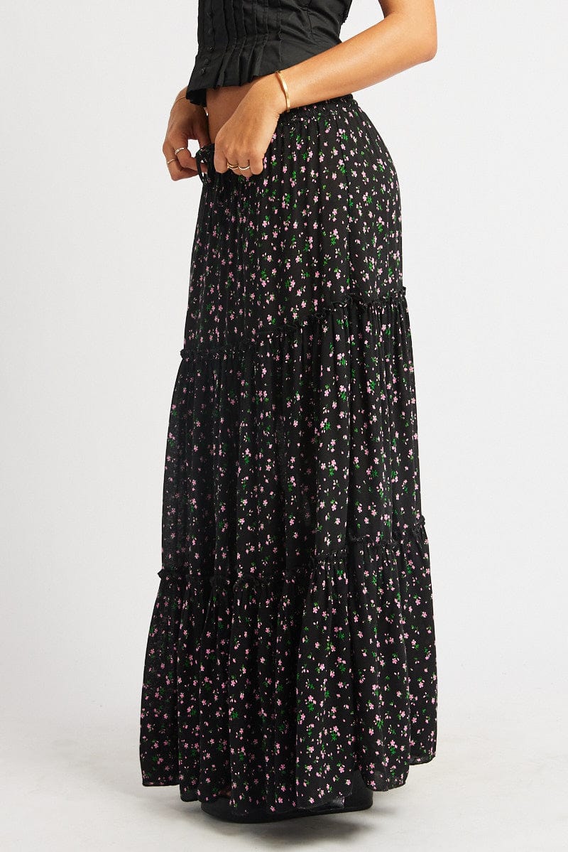 Black Ditsy Maxi Skirt Tiered High Rise Elastic Waistband