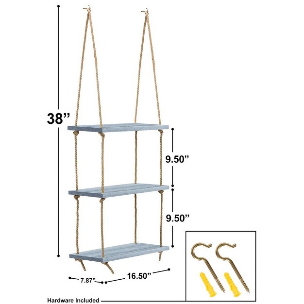 3 tier Sorbus Rustic Wood Hanging Shelf Storage Rope Organizer Rack Floating Display Shelves grey