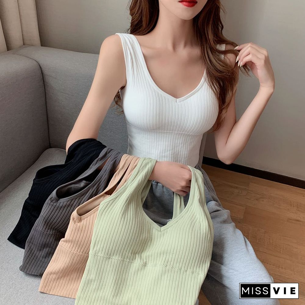 Pearl Diary Bra Tops Summer V Neck Rib Crop Tank Top With Detachable Bra Pads Sleevelss Solid Color Backless Sporty Bra Top