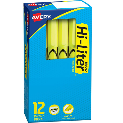 Avery HI-LITER Pen-Style Highlighters， Fluorescent Yellow Ink， Chisel Tip， Yellow/Black Barrel， Dozen (23591)