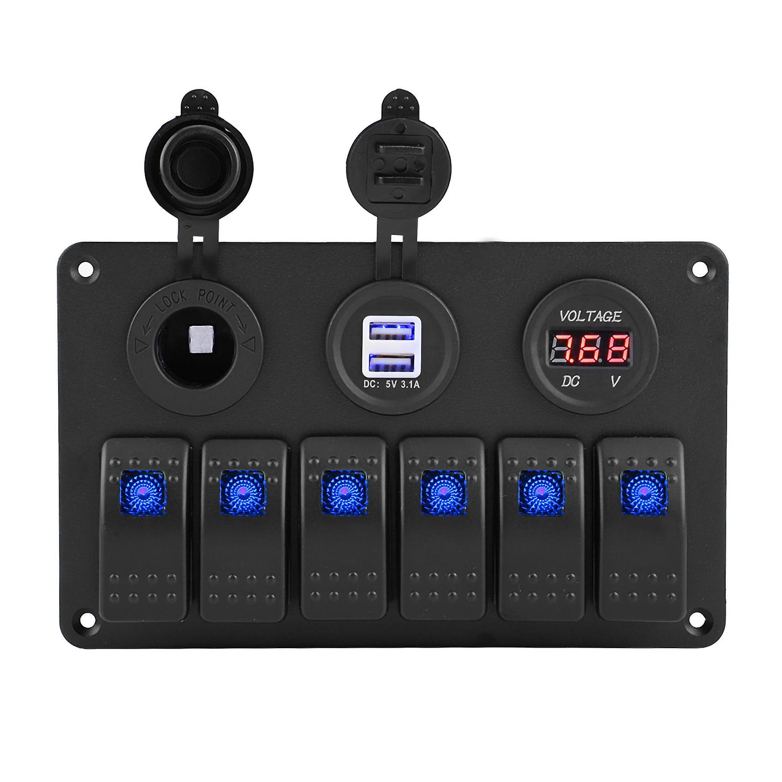 12v 24v 6 Gang Car Boat Led Rocker Switch Panel Dual Usb Voltmeter Cigarette Lighter Blue